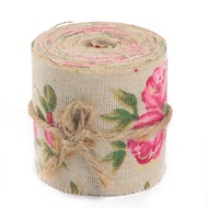 3M Vintage Rose Floral Print Burlap Hessian Ribbon Fabric Wedding Craft Decors