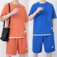 Men's Summer Quality Simple Casual Waffle Plain T-shirt and Shorts Loose Comfort Sports Home Suit Kh