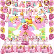 Mario Princess Peach Theme kids birthday party decorations banner cake topper balloon backdrop banner tablecloth