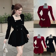 Square neck velvet dress with rhinestones and pleated waist Velvet dress for parties and outings Lux