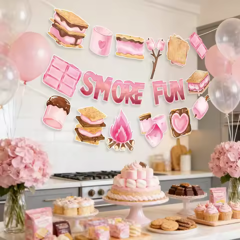 Pre-strung Pink S'more Fun Hanging Banner Set, Campfire Birthday Party Decor with Marshmallow, Choco
