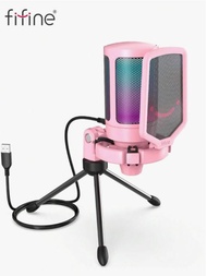 FIFINE Gaming USB Microphone For PC Laptop Condenser Mic With Quick Mute RGB Indicator Tripod Stand 
