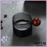 LAYOR1 Milk Cup, Glass with Wood Handle Espresso Cup, Easy to Clean High Quality Vertical Grain Gray Measuring Cup Milk Espresso Shot