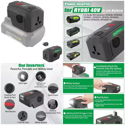 Power Inverter for Ryobi 40V Battery, 200W DC 18V to AC 110V, USB & Type C PD3.0, LED Light