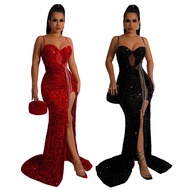 Women Sexy Sling Sleeveless Sequined Dress Split Long Dress