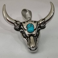 High Polished Stainless Steel Bull Head Inlay Turquoise Stone Pendant.