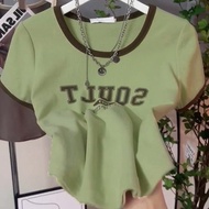 正肩撞色拼接字母印花短袖t恤女夏2024新款修身圆领短款上衣T恤女