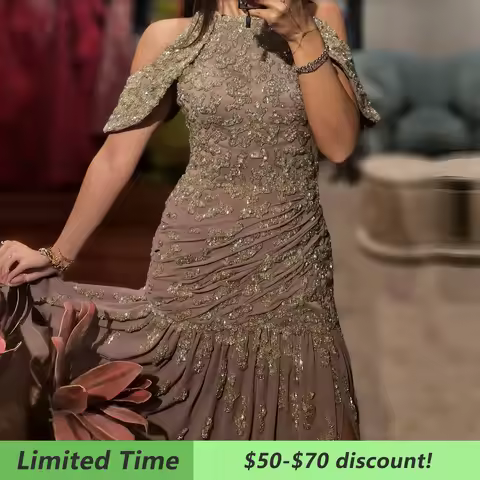 Sharon Said Elegant Mauve Chiffon Beaded Off Shoulder Evening Gown for Wedding Party Long Women Form