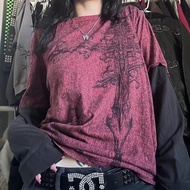 Gaono Cross Cyber Goth Patchwork Long Sleeve Tees Y2K Grunge Emo Vintage T-shirt E-girl Gothic Haraj