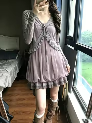 Japanese Dresses Kawaii 2-Piece Set Women's Dress Sweet Polka Dot Y2k 2000s Vintage Goth Lace Punk B
