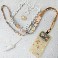 三合一多功能奶茶色蝴蝶森林韓國棉布手機斜背繩/斜背帶/背繩/掛