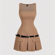 Khaki Vintage 70s Sleeveless Bodycon Dress With Pleats And Belt Detail - Perfect For Women's Vacatio