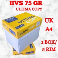 HVS PAPER / PRINT PAPER / PHOTOCOPY PAPER 75 GSM A4 SIZE ULTIMA COPY BRAND 1 BOX / 5 RIM