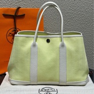 Hermes Garden Party30嫩芽綠拼奶昔白銀扣帆布花園包手提包  T刻