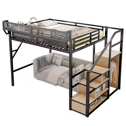 Loft Bed with Stairs, Metal Loft Bed Queen Size with Storage Shelves, Adults Loft Bed with Wardrobe,