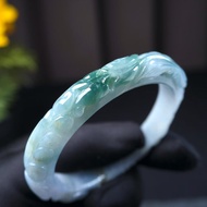 冰種飄藍花翡翠雕花鐲手鐲 | 18.5圍 | 天然緬甸玉翡翠A貨 | 送禮