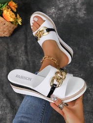 女性楔形平台涼鞋2024新款夏季編織繩楔形拖鞋防水平台涼鞋配金屬扣白色拖鞋