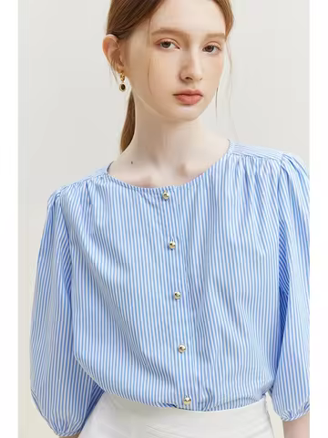FSLE Blue Stripe Short Sleeve Shirt Women's Summer 2023 New Style Round Neck Tops Blue Women Casual 