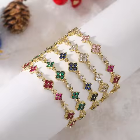 HECHENG,Four-Leaf Clover Multi-Color CZ Stone Pendant Chain Bracelet with Hook Clasp Design Women's 
