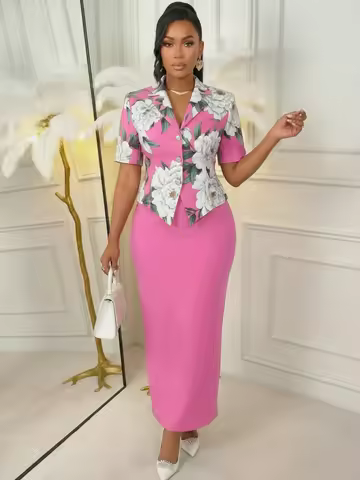 Women's Lapel Short Sleeve Floral Print Button Crop Blazer Matching Solid Pencil Midi Skirt For Dinn