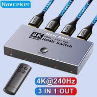 Navceker 8K HDMI 2.1 Switch Splitter 4K 240Hz 3 Inputs 1 Output 3 port HDMI Switcher with remote for
