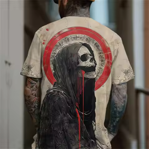 Vintage T Shirt For Men Summer Horror UndeadSkulls Pattern Printed Short Sleeve Oversized T-shirt Lo