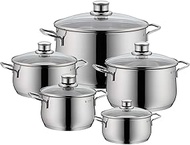 WMF Pot Set 5-Piece Diadem Plus Pouring Rim Glass Lid Cromargan Stainless Steel Polished Suitable for Induction Hobs Dishwasher-Safe