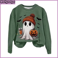 Women Halloween Sweatshirt Pumpkin Bat Ghost Print Crew Neck Long Sleeves Pullover Top Daily Wear Co