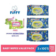 FIFFY BABY WIPES 3x100's FREE SAMPLE ANTIBACTERIAL WIPES 30's