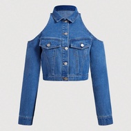 Women's 90s Outfit Casual Blue Denim Jacket With Turndown Collar And Open Shoulder Design, Fall Wome