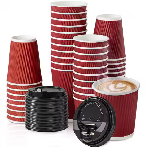 45pcs Disposable Coffee Cups PP Lids 8oz To Go Coffee Cup Burgundy Double Wall Hold Shape With Hot a