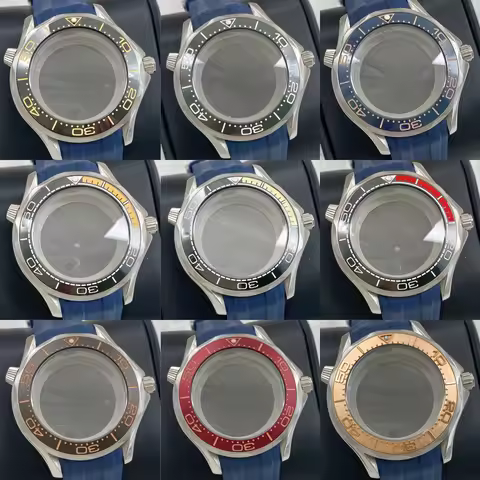 41mm 2Crown Blue Rubber Bracelet Watch Bezel Case Fit 31-32mm Dial For Omega Seamaster Seiko NH35/36