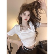 BB Short-Sleeved Crochet Shirt with Chain Link Hack Waist Super Cute Soft Cotton with Good Elasticit