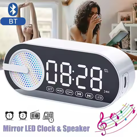 Mini Mirror Digital Alarm Clock Timer Rechargable Wireless Clock 2 Alarms FM Radio Wireless Speaker 