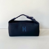 Hermes Trousse Bride 飯盒包 銀扣 小型 黑色 深藍色 帆布 棉質 收納包