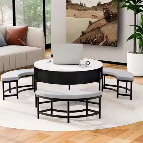 Modern Coffee Table with Storage & 3 Ottomans, Marble Accent, White/Gray for Living Room Decor