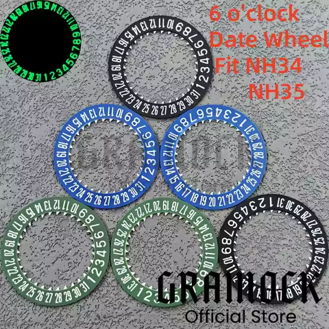 GRAMOCK Luminous Watch Calendar Disc NH34 NH35 6 O'clock Black Green Blue Date Wheel Fit 4R34 NH35 M