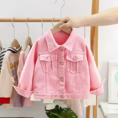 Solid Color Pink Kids Denim Jackets Outerwear New Spring Autumn Turn Down Collar Single Breasted 1-7