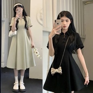 New Year Chinese Style Black Cheongsam Dress Women's Polo Collar Button Dress A-line Skirt Puff Sleeve Skirt COD