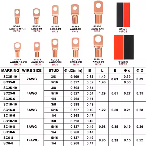 150pcs Battery Cable Ends Awg 2 4 6 8 10 Gauge Wire Connectors ,Battery Terminal connectors Cable Lu