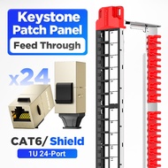 AMPCOM 1U 24-Port STP Keystone Patch Panel แบบยึดแร็คพร้อมแถบจัดระเบียบสายเคเบิลด้านหลัง โหลดเต็ม 24