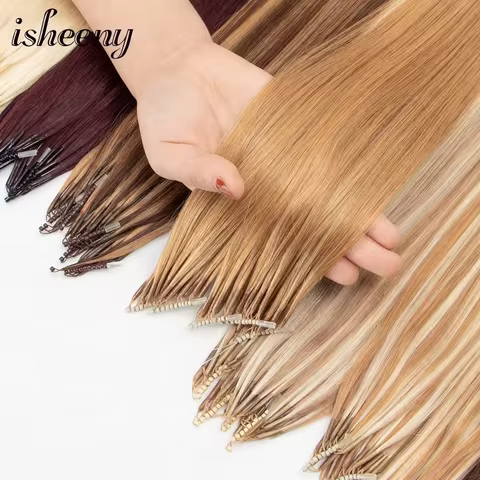 Isheeny 8D Human Hair Extensions Blonde 12" 16" 20" Nano Ring Link Extensions 0.6g/s Machine Remy Hu