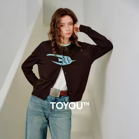 TOYOUTH Women Knits 2026 Spring New Lyocell Crew Neck Cardigan Abstract Bird Jacquard Tops