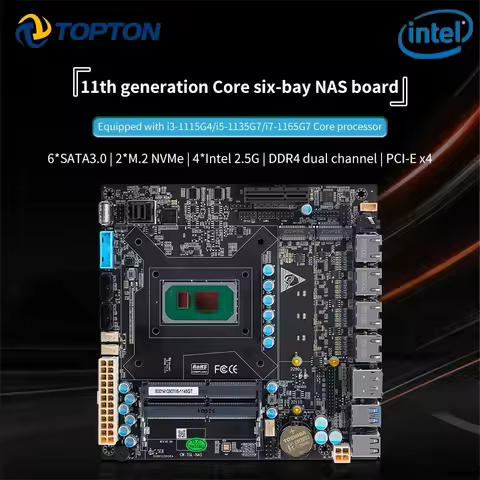11th Gen 6 Bay NAS Motherboard Intel i7 1165G7 i5 1135G7 i3 1115G4 4x i226 2.5G 6xSATA 2xVMe PCIE X1