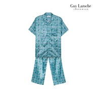 Guy Laroche Short-Sleeved Collar Pajamas Long Pants Printed Pattern Satin Fabric Smooth Green Model 