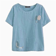 Áo Kiểu Nữ Cotton 2023 Lanh Mùa Hè Họa Tiết Thêu Nữ Áo Thun Ngắn Tay In Cổ Tròn Dáng Rộng Thoải Mái 