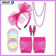 MISSIL Retro Headband 80s Party Dress Necklace 80s Fancy Costume Accessories Set Fishnet Gloves