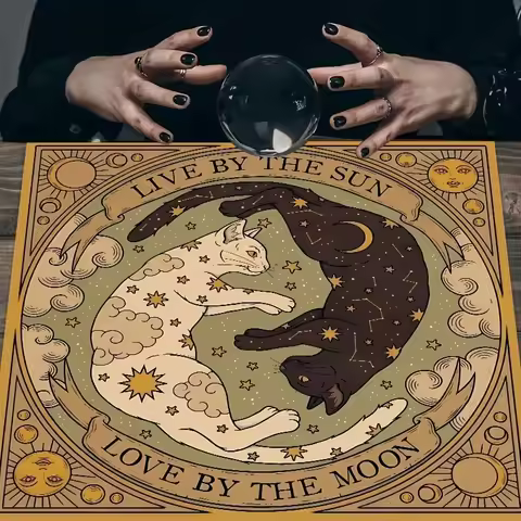 1PC "Live By The Sun Love By The Moon" Cat Tarot Tablecloth, Celestial Yin Yang Altar Cloth, Witchy 