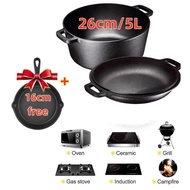 26cm/5 L.Cast Iron Pot with Frying Pan 26 cm/5 L Double Dutch Oven Set and Domed Skillet Lid