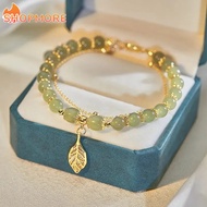 Imitation Hetian Jade Glass Stone Lucky Gold Color Leaves Peanut Bangle Vintage Green Elegant Bracelet Double Layer Jewelry Gift Bring Luck Wealth for Women